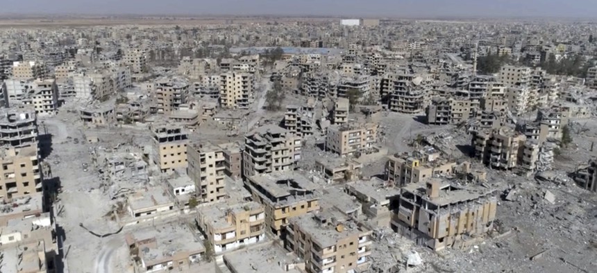 Drone video shows damaged buildings in Raqqa, Syria, Oct. 19, 2017.