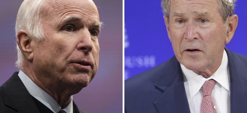 Left, Sen. John McCain, R-Ariz., speaks in Philadelphia on Oct. 16, 2017. Right, former U.S. President George W. Bush speaks in New York on Oct. 19, 2017. 