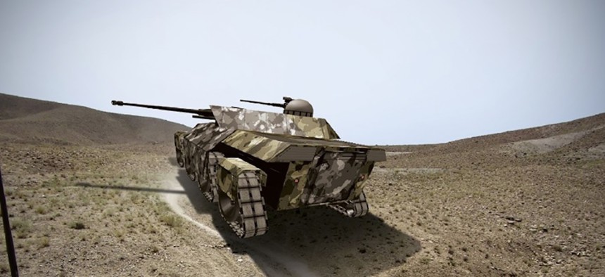 A rendering of a futuristic tank in a desert environment A rendering of a futuristic tank, the type of new technology tested in the game Operation Overmatch