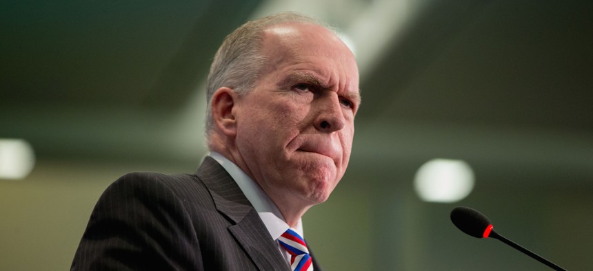 Then-CIA Director John Brennan pauses while taking questions at the Global Security Forum 2015, Monday, Nov. 16, 2015, at the Center for Strategic and International Studies (CSIS) in Washington.