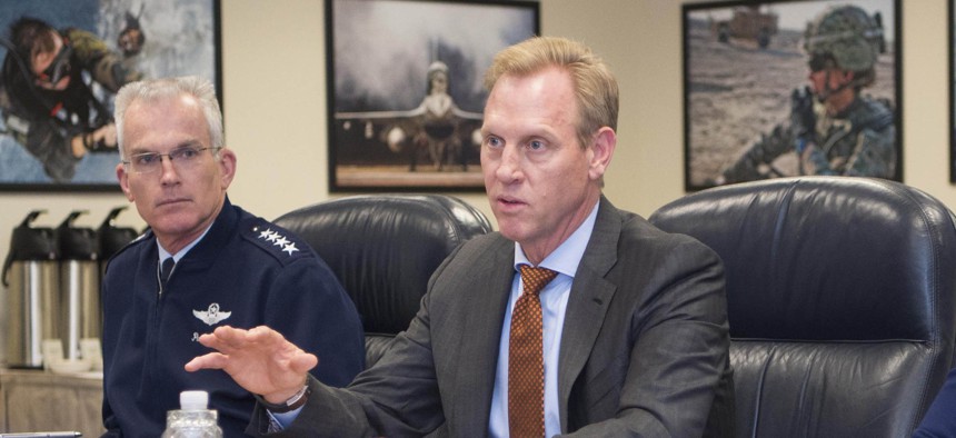 Deputy Defense Secretary Pat Shanahan speaks during a roundtable at the Pentagon, Oct. 18, 2017. Air Force Gen. Paul J. Selva, vice chairman of the Joint Chiefs of Staff is on his left.