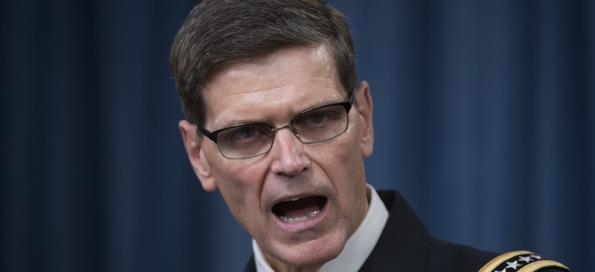 Army Gen. Joseph Votel, Commander of U.S. Central Command, briefs reporters on the release of the investigation into the U.S. airstrike on the Doctors With Borders trauma center in Kunduz, Afghanistan, Friday, April 29, 2016, at the Pentagon. 