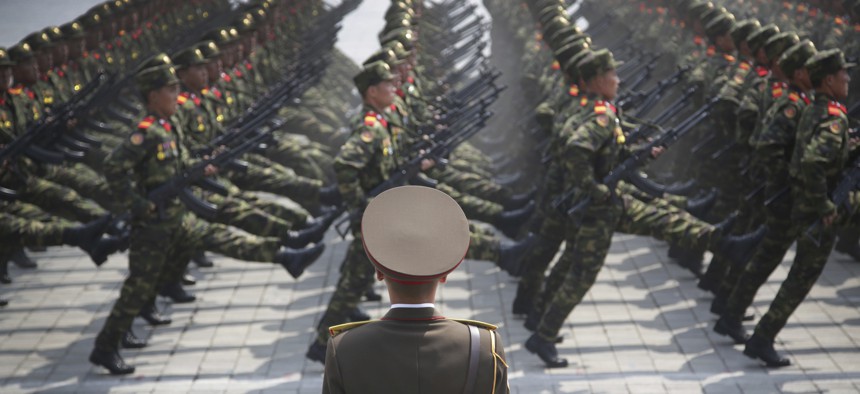 In this April 15, 2017, file photo, soldiers goose-step across Kim Il Sung Square in Pyongyang, North Korea, during a parade to celebrate the 105th birth anniversary of Kim Il Sung.