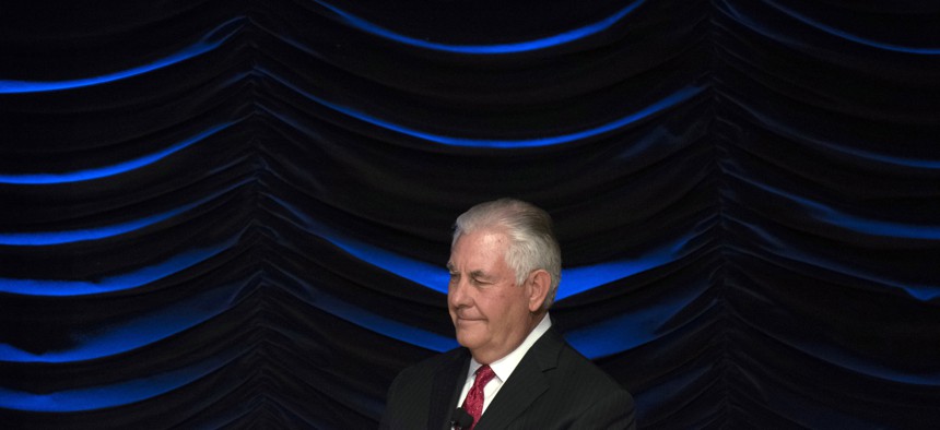 Secretary of State Rex Tillerson waits to deliver an address at the Wilson Center in Washington, Tuesday, Nov. 28, 2017.