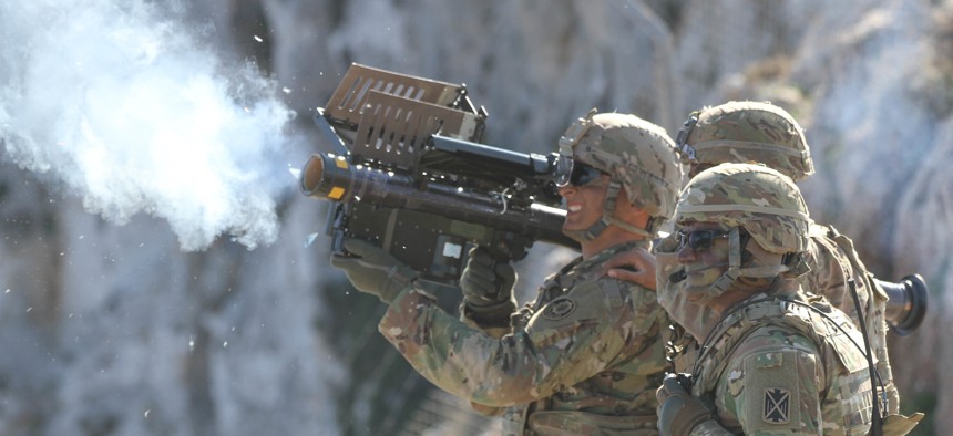 A soldier fires a Stinger missile using Man-Portable Air Defense Systems (MANPADs) during Artemis Strike, a live fire exercise at the NATO Missile Firing Installation (NAMFI) off the coast of Crete, Greece Nov. 6, 2017. 