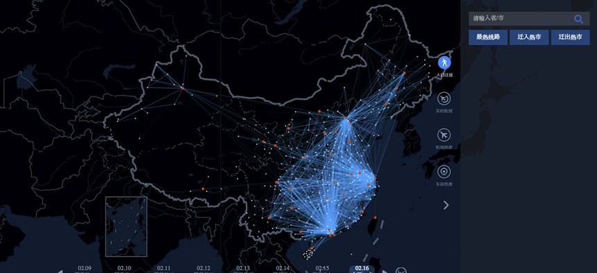In this image made on Monday, Feb. 16, 2015 from an interactive graphic from Baidu, the Chinese Internet portal, lines tracing the trips of individual travelers provide a "heat map" of the massive migration home from the big cities.