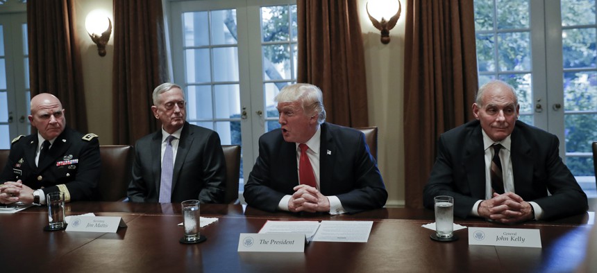 President Donald Trump speaks during a briefing with senior military leaders in the Cabinet Room of the White House in Washington, Thursday, Oct. 5, 2017.
