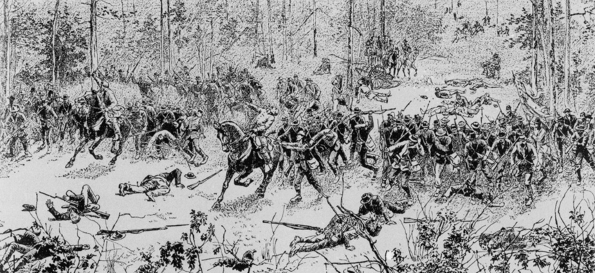 Confederate soldiers attacking in the "Hornet's Nest" in the Battle of Shiloh in Tennessee during the Civil War, on April 6, 1862.