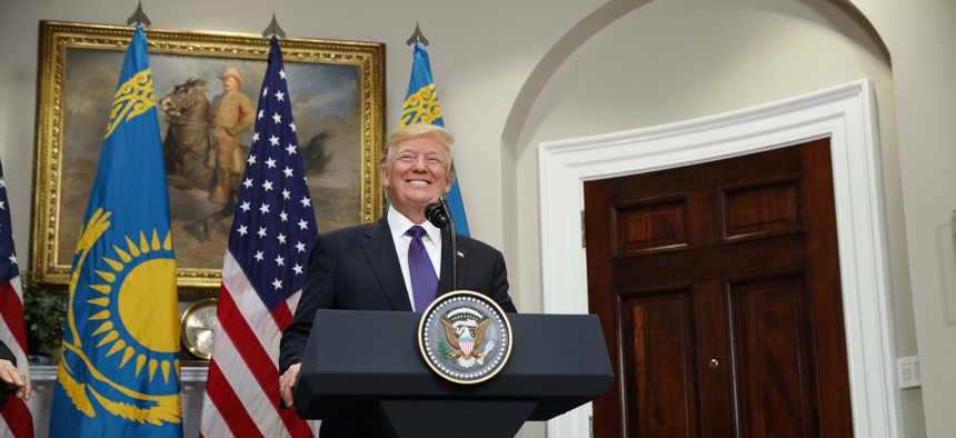 President Donald Trump delivers a statement with Kazakhstan's President Nursultan Nazarbayev in the Roosevelt Room of the White House, Tuesday, Jan. 16, 2018, in Washington.