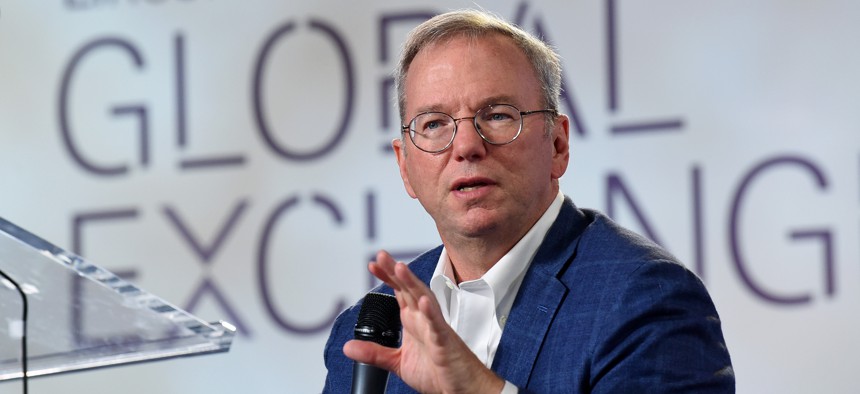 Eric Schmidt, Executive Chairman, Alphabet Inc., speaks at the inaugural Lincoln Center Global Exchange, Friday, Sept. 18, 2015 in New York. 