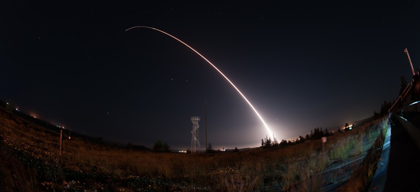 An unarmed Minuteman III intercontinental ballistic missile launches during an operational test from Vandenberg Air Force Base, Calif., April 26, 2017.