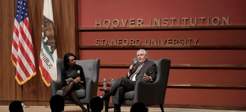 Secretary of State Rex Tillerson and former Secretary of State Condoleeza Rice speak to the Hoover Institution at Stanford University on Wednesday, Janurary 17, 2018.