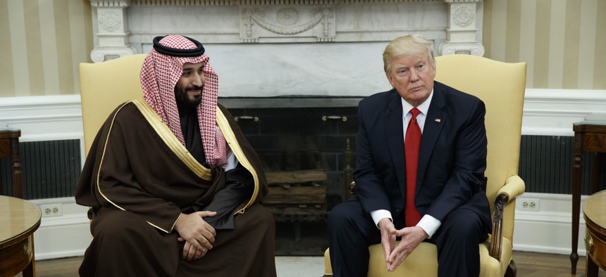 President Donald Trump meets with Saudi Defense Minister and Deputy Crown Prince Mohammed bin Salman in the Oval Office of the White House in Washington, March 14, 2017.