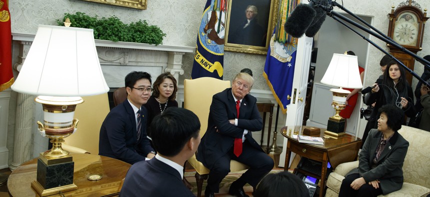 President Donald Trump invited North Korean defectors to the Oval Office of the White House on Feb. 2, 2018.