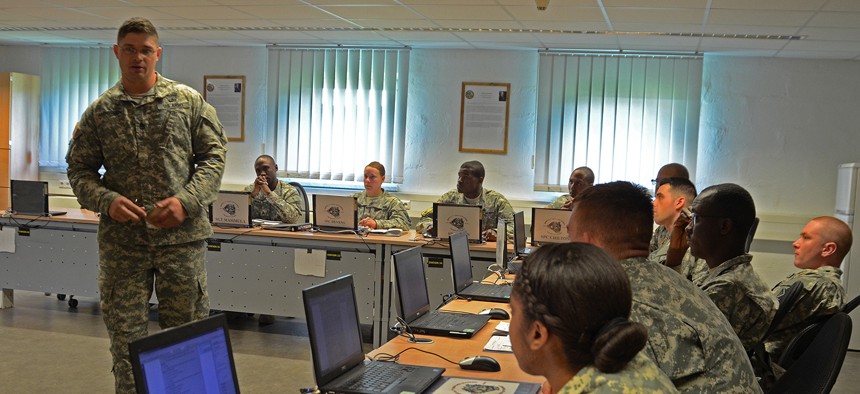 Staff Sgt. Travis Andersen leads a class for WLC students in Bravo Company at the 7th Army NCO Academy in Grafenwoehr, Germany. 