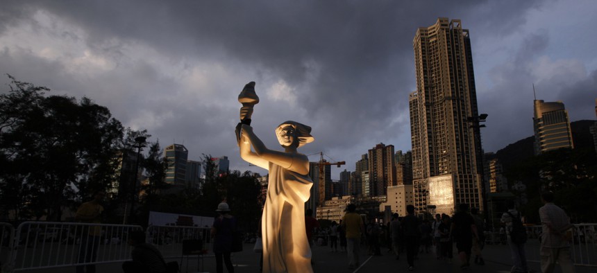 A Goddess of Democracy statue is set up for the candlelight vigil at Hong Kong's Victoria Park Saturday, June 4, 2011, to mark the 22nd anniversary of the June 4th Chinese military crackdown on the pro-democracy movement in Beijing.