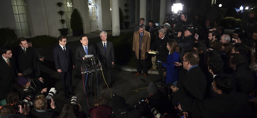 South Korean national security director Chung Eui-yong speaks to reporters at the White House in Washington, on March 8, 2018