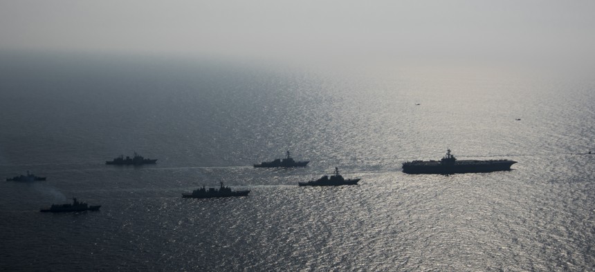 U.S. Navy and Republic of Korea Navy ships steam in formation during exercise Foal Eagle 2017.