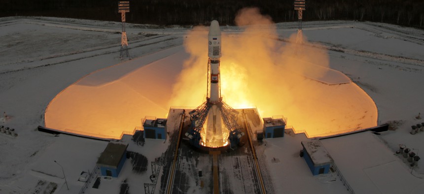 A Russian Soyuz 2.1b rocket carrying Meteor M satellite and additional 18 small satellites, lifts off from the launch pad at the new Vostochny cosmodrome outside the city of Tsiolkovsky, about 200 kilometers (125 miles) from the city of Blagoveshchensk.