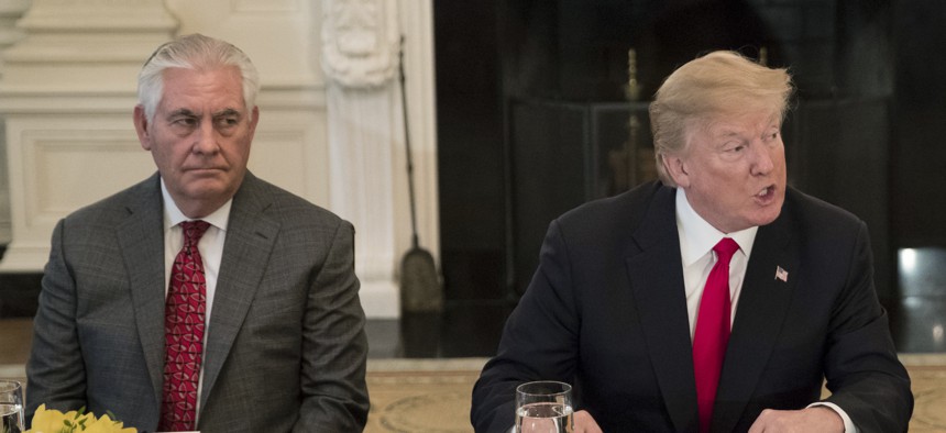 President Donald Trump, joined by Secretary of State Rex Tillerson, left, in the White House in Washington on Jan. 29, 2018.