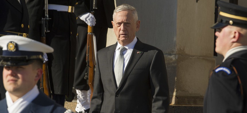 Defense Secretary Jim Mattis waits to welcome Saudi Crown Prince Mohammed bin Salman to the Pentagon on March 22.