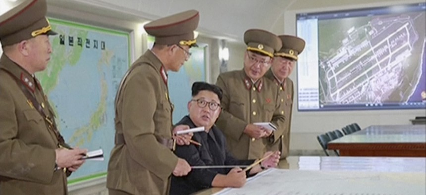 North Korean leader Kim Jong Un receiving a briefing in Pyongyang, August 2017. 
