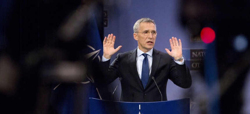 NATO Secretary General Jens Stoltenberg speaks during a media conference at NATO headquarters in Brussels on Tuesday, Feb. 13, 2018. 