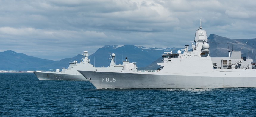 NATO forces sail off Reykjavik during the 2017 Dynamic Mongoose exercise.