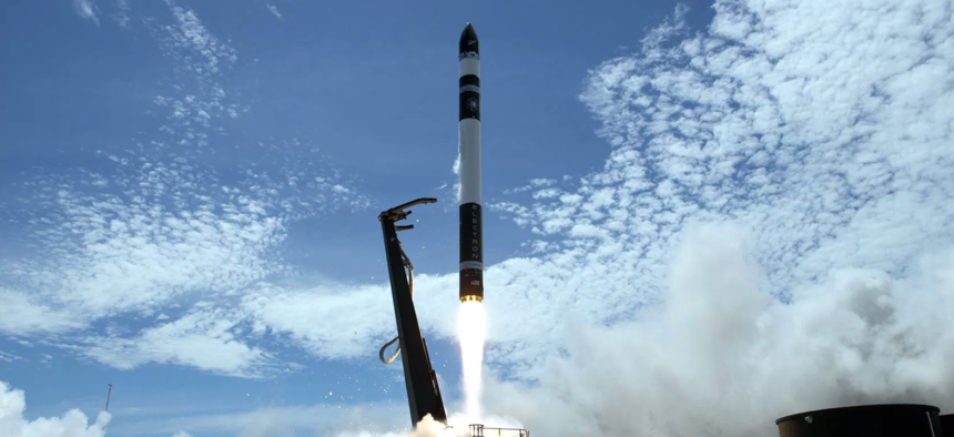 Rocket Lab's Electron rocket zooms into orbit.	