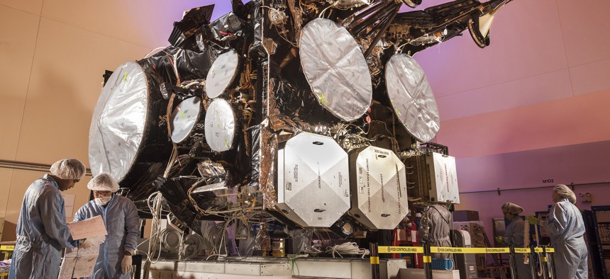 The fourth Advanced Extremely High Frequency (AEHF) satellite undergoes production at Lockheed Martin’s satellite manufacturing facility in Sunnyvale, California.