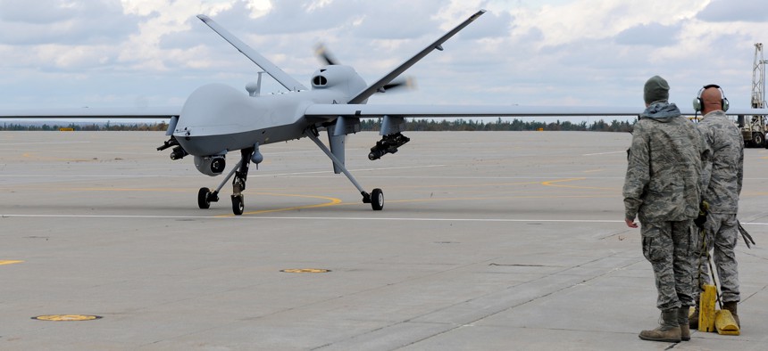 A MQ-9 Reaper from the 174th Fighter Wing, New York Air National Guard, returns from its first flight at Wheeler-Sack Army Airfield, Ft. Drum, NY.