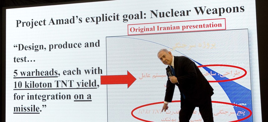 Israeli Prime Minister Benjamin Netanyahu presents material on Iranian nuclear weapons development during a press conference in Tel Aviv, Monday, April 30 2018.