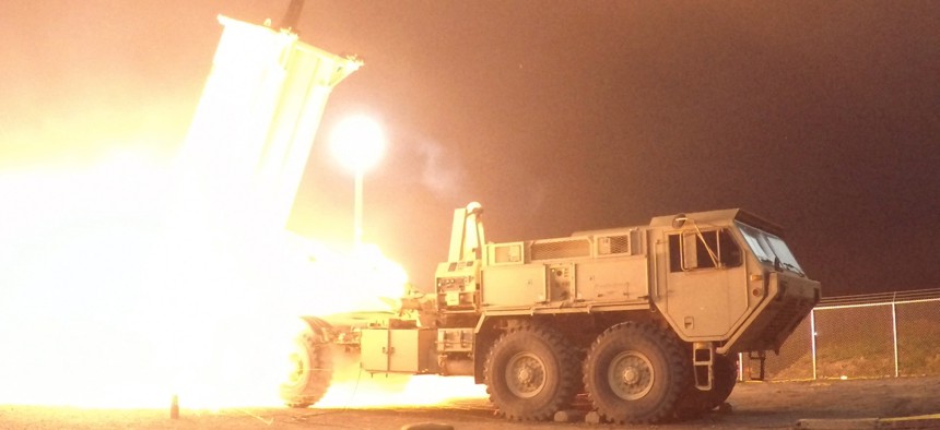 A Terminal High Altitude Area Defense (THAAD) interceptor is launched from the Pacific Spaceport Complex Alaska in Kodiak, Alaska, during Flight Experiment THAAD (FET)-01 on July 30, 2017 (EDT). During the test, the THAAD weapon system successfully interc