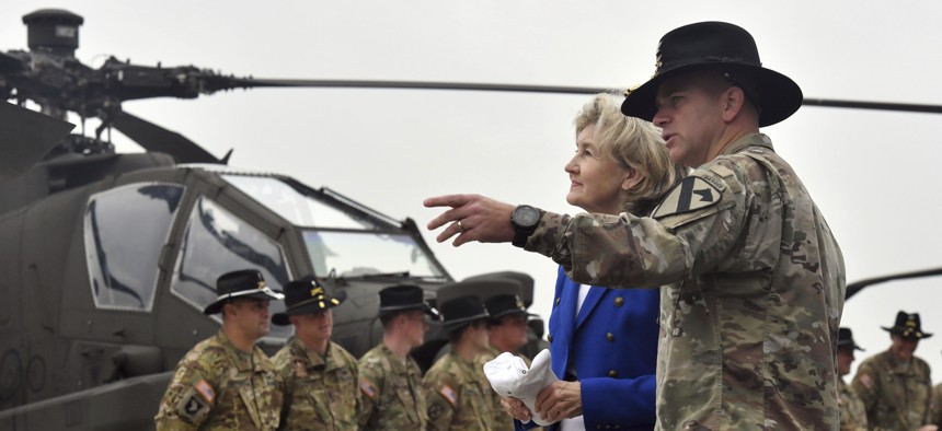 U.S. Ambassador to NATO Kay Bailey Hutchison spoke to U.S. Army soldiers in Belgium last fall. Wednesday In Washington, she also underscored the importance of  the alliance.