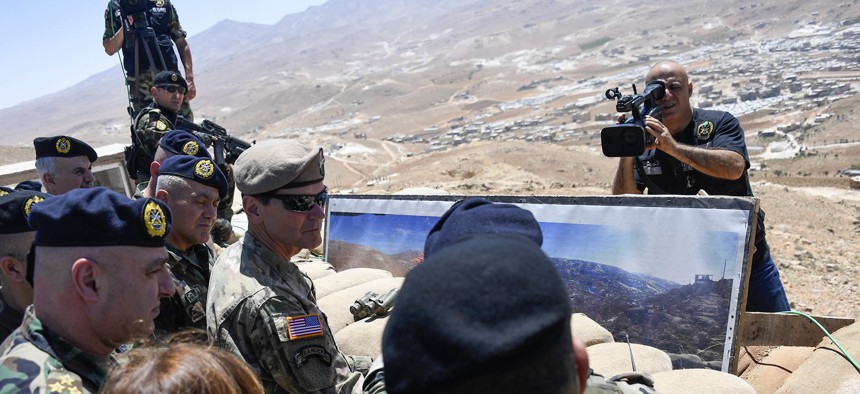 U.S. Army Gen Joseph L. Votel, commander United States Central Command, receives a mission briefing at the Lebanese Armed Forces 9th Brigade observation positon at Dahr Al Jabl overlook, near the Syrian border during his visit to Lebanon June 7, 2017.