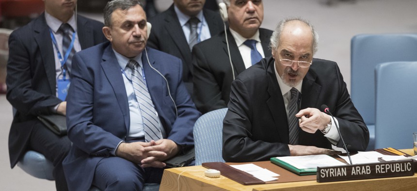 Syrian Ambassador to the United Nations Bashar Ja'afari speaks during a Security Council meeting on the situation in Syria, April 14, 2018 at United Nations headquarters. 