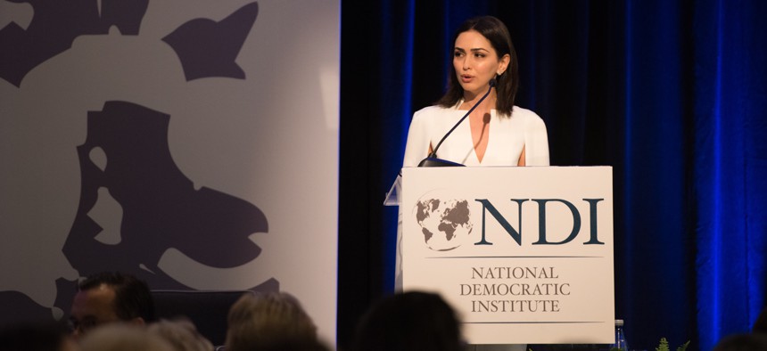 Actor and activist Nazanin Boniadi spoke about the plight of women in Iran at the National Democratic Institute’s 13th annual Madeleine K. Albright Luncheon in Washington, DC, May 9, 2018.