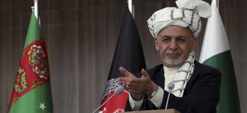 Afghanistan's President, Ashraf Ghani speaks during the integration ceremony of TAPI pipeline in Herat city, west of Kabul, Afghanistan, Friday, Feb. 23, 2018. 