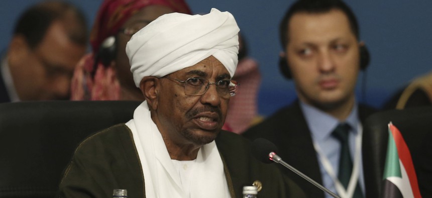 Sudan's President Omar al-Bashir speaks during the extraordinary summit of the Organization of Islamic Cooperation (OIC), in Istanbul, Turkey, Friday, May 18, 2018.