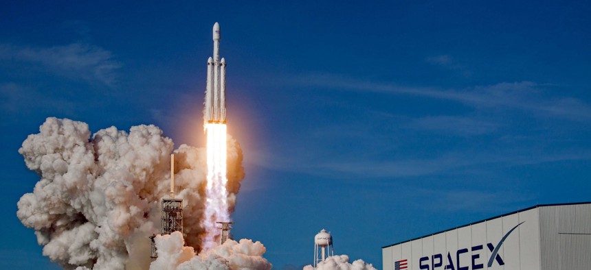 SpaceX image of the launch of the first flight of SpaceX's Falcon Heavy rocket