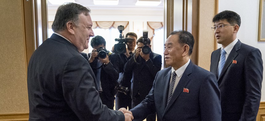 U.S. Secretary of State Mike Pompeo meets with Kim Yong Chol, second from right, a North Korean senior ruling party official and former intelligence chief, for a second day of talks at the Park Hwa Guest House in Pyongyang, North Korea, on July 7, 2018.
