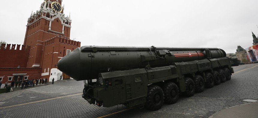 In this Tuesday, May 9, 2017 file photo, Russian Topol M intercontinental ballistic missile launcher rolls along Red Square in Moscow.
