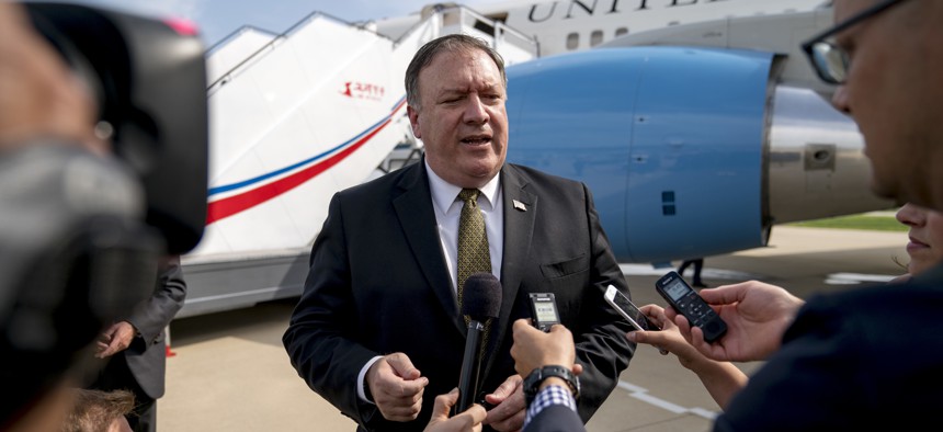  U.S. Secretary of State Mike Pompeo speaks to members of the media on July 7, 2018 following two days of meetings with Kim Yong Chol, a North Korean senior ruling party official, before boarding his plane in Pyongyang.
