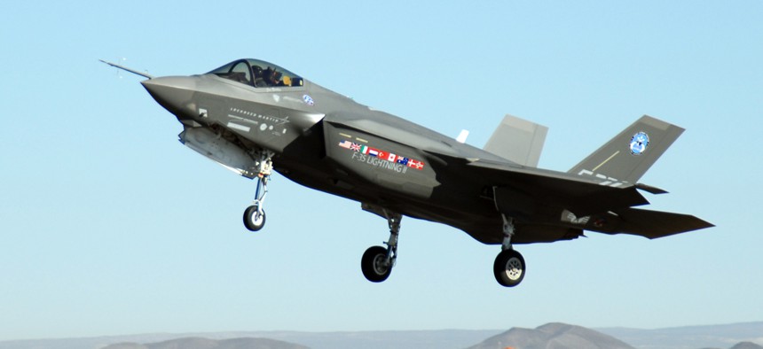 An F-35 Joint Strike Fighter, marked AA-1, lands at Edwards Air Force Base, Calif.
