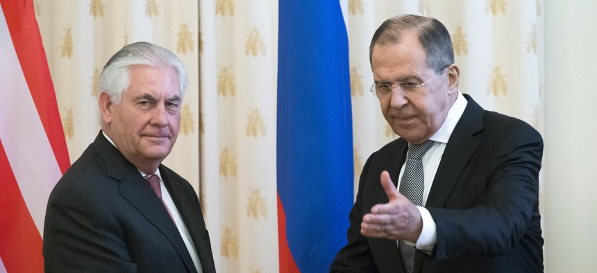 US Secretary of State Rex Tillerson and Russian Foreign Minister Sergey Lavrov, shakes hands prior to their talks in Moscow, Russia, Wednesday, April 12, 2017.