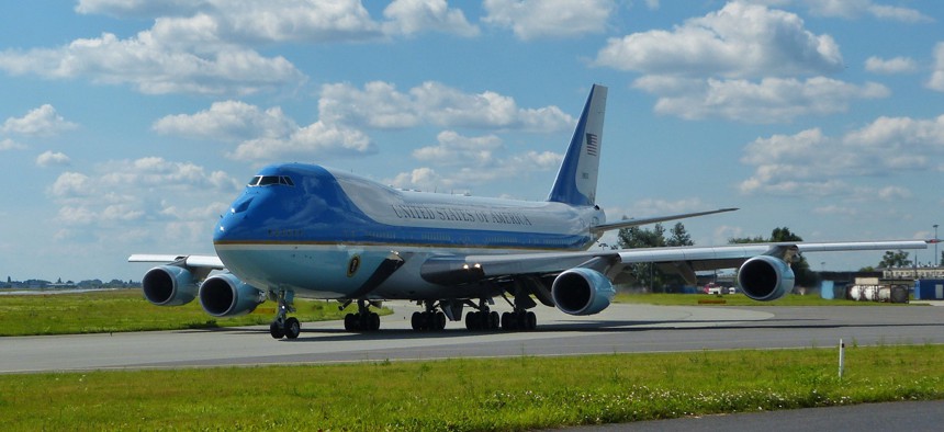 One of the current Air Force One jets — a VC-25A based on a Boeing 747-200B — takes off from Warsaw's Chopin Airport in 2017.