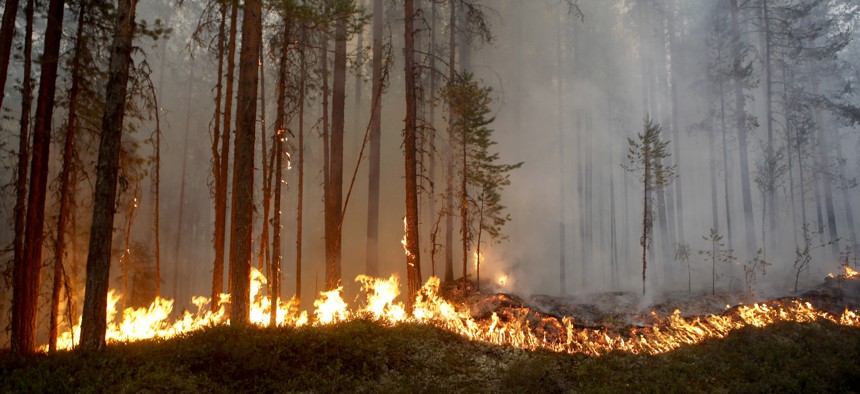 In this photo taken on Sunday, July 15, 2018, a wildfire burns in Karbole, outside Ljusdal, Sweden.