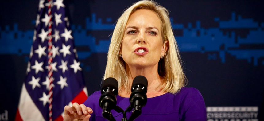 Secretary of Homeland Security Kirstjen Nielsen address the DHS National Cybersecurity Summit, Tuesday, July 31, 2018, in New York.