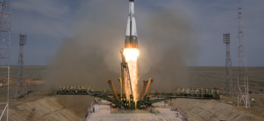The Soyuz-FG rocket booster with Soyuz MS-09 space ship carrying a new crew to the International Space Station, ISS, blasts off at the Russian leased Baikonur cosmodrome, Kazakhstan, Wednesday, June 6, 2018. 