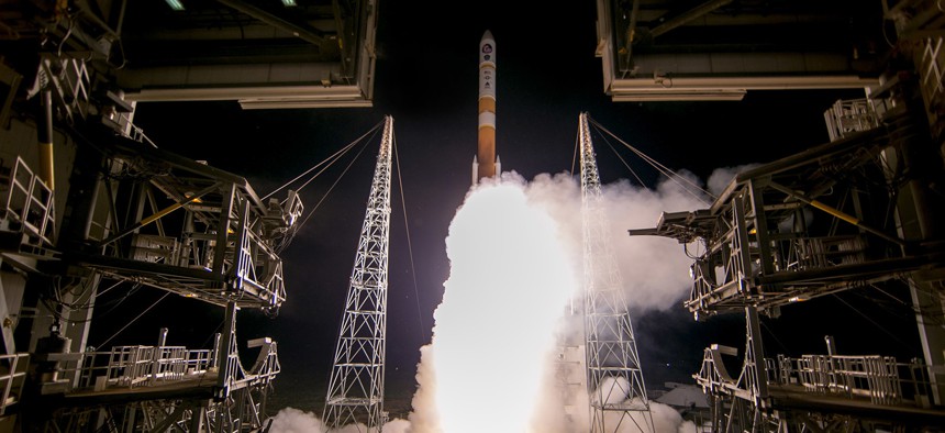 A United Launch Alliance Delta IV rocket launches from Space Launch Complex 37B, Cape Canaveral Air Force Station, Florida.